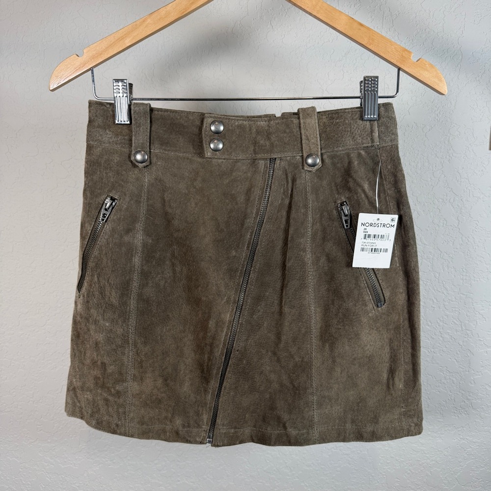 BLANKNYC Women Olive Brown Suede‎ Moto Mini Skirt 73K-0724NO Size 26 NWT